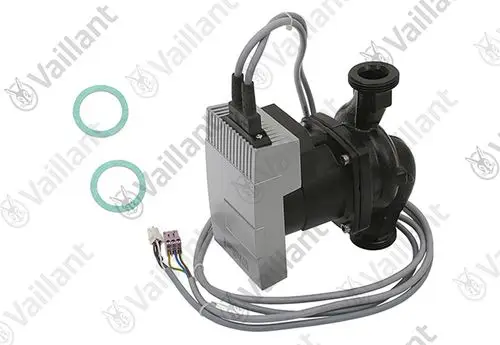 Vaillant-Heizungspumpe mit elektrischer Ansteuerung und zwei Dichtungen, geeignet für den Heizkreis. Kabelanschlüsse sichtbar.